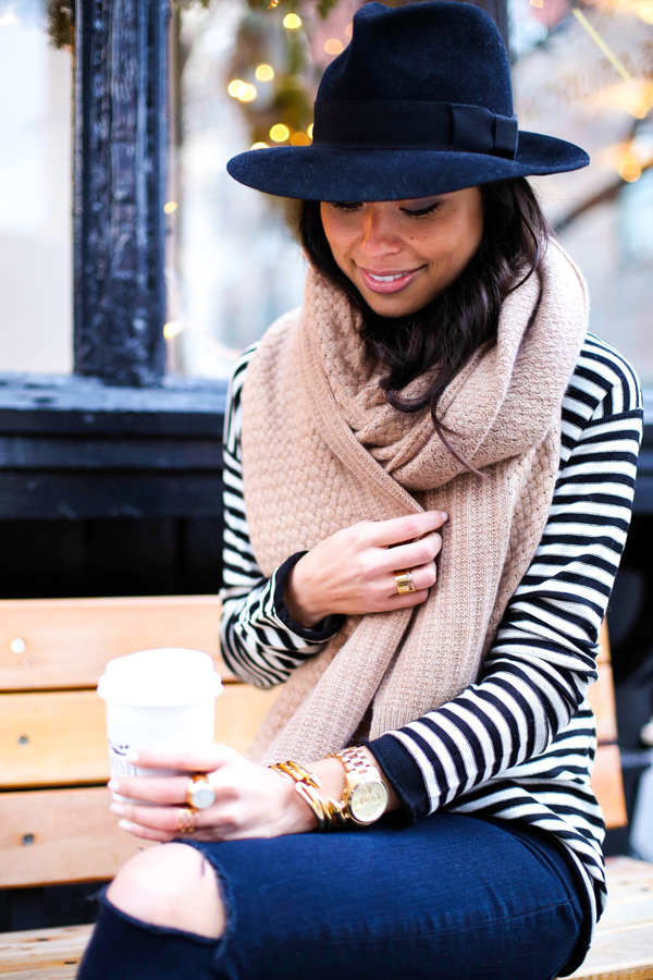 Cashmere scarf, stripe sweater, black fedora