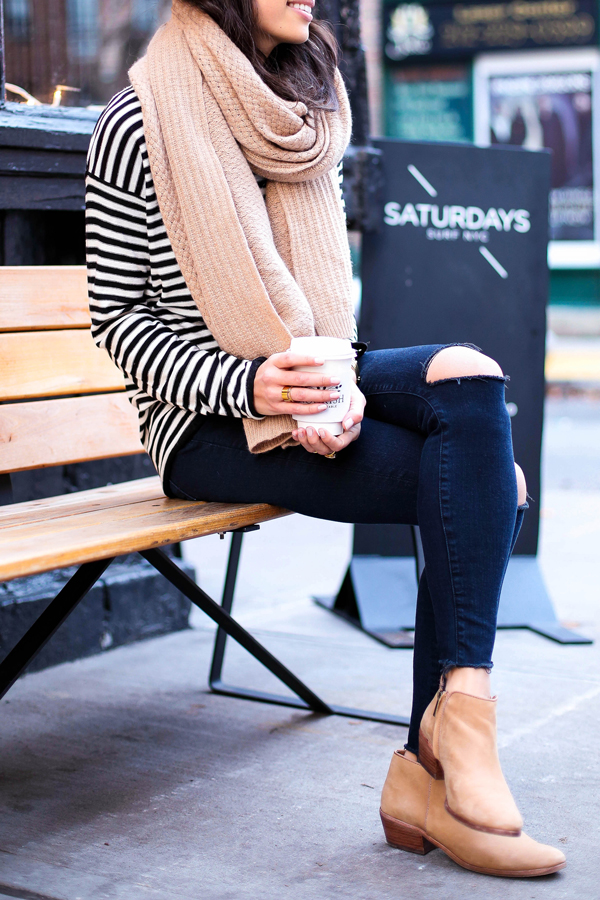 Stripe sweater with skinny jeans and tan booties