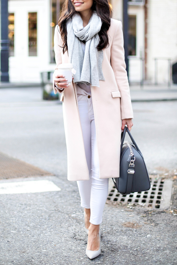 Blush winter coat with white skinny jeans and grey scarf