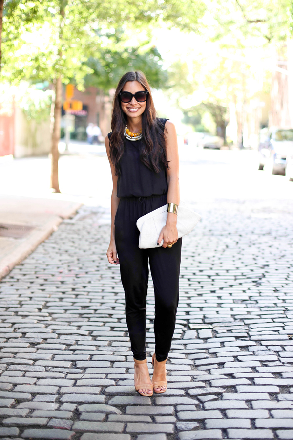 black jumpsuit with wedges