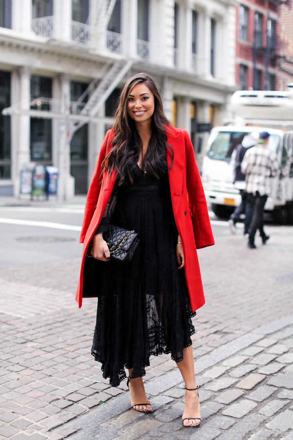 black dress with red jacket